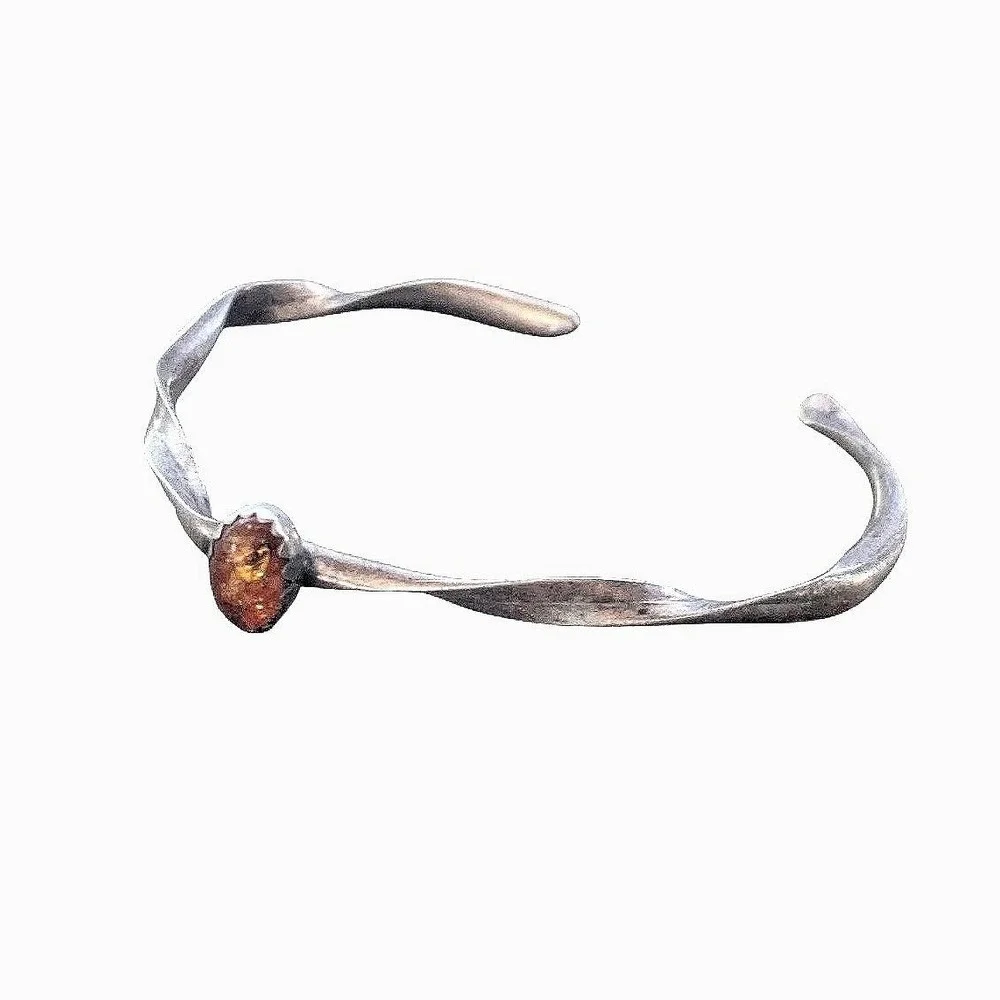 Vintage Small kids Sterling Silver Amber Cuff Bracelet Minimalist Stacking